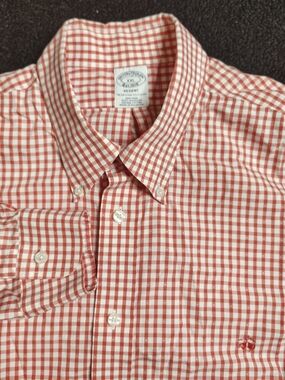 Brooks Brothers Orange White Regent Fit  Gingham Button Down Shirt Men's XXL